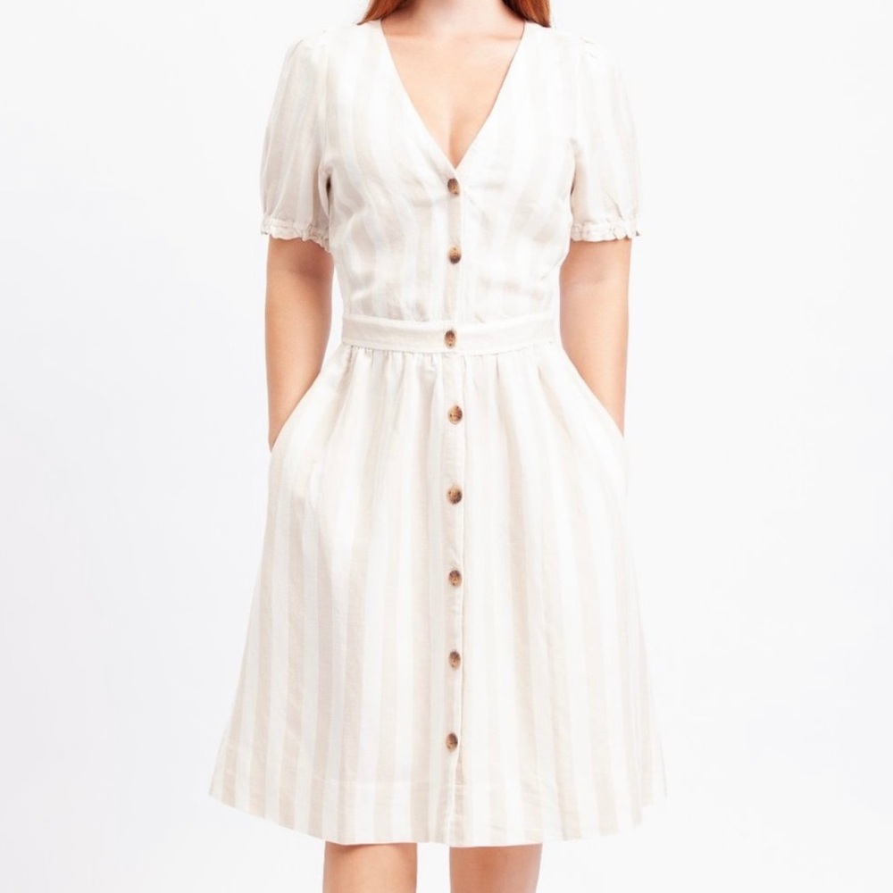 LOFT | Linen Blend Puff Sleeve Button Front Midi Stripe Dress Size 12 525659